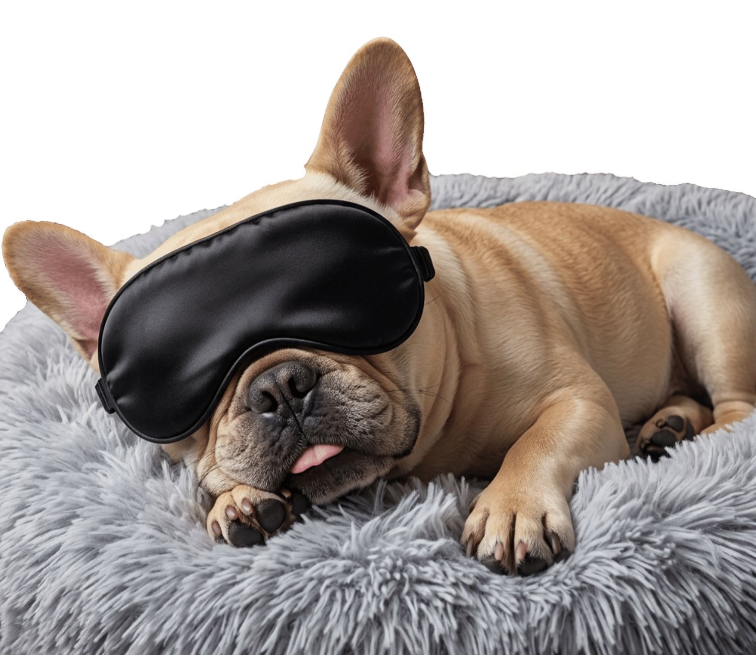 Fifi the French Bulldog wearing her signature eye mask, curled up on a plush bed